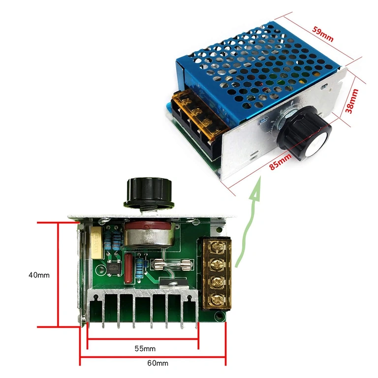 Afmetingen en elektronische componenten AC spanningsregelaar 220V 4000W Gedetailleerde afbeelding van 220V variatormodule en componenten: triac, koellichaam, potentiometer, afmetingen 8,5 x 5,8 x 3,8 cm