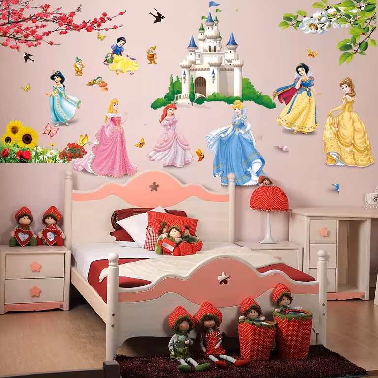 Kinderkamer muurstickers met Disney prinsessen bij het kasteel – Kleurrijk en eenvoudig aan te brengen