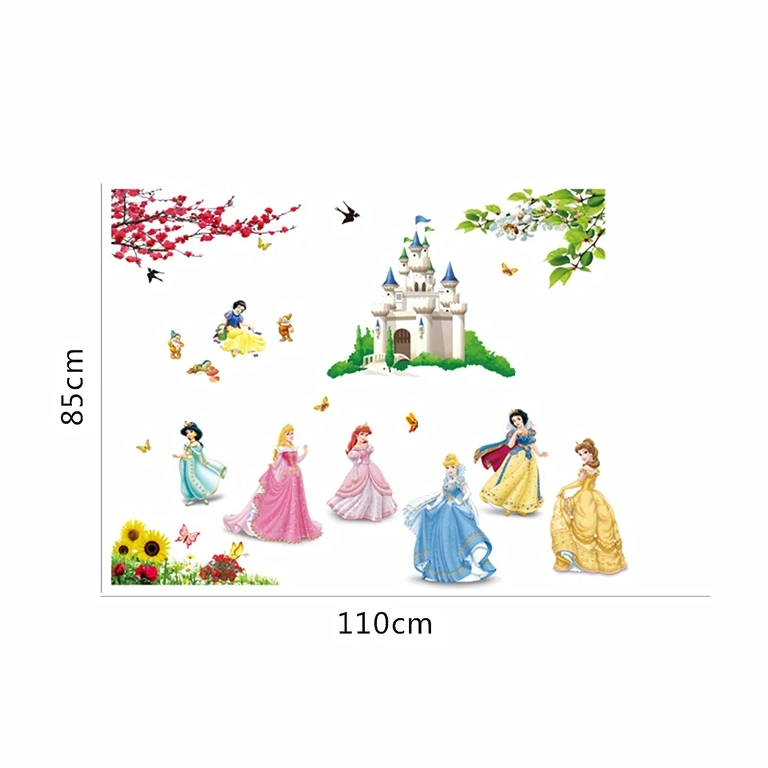 Muursticker met fantasie kasteel en prinsessen Sprookjesthema sticker met Disney-personages