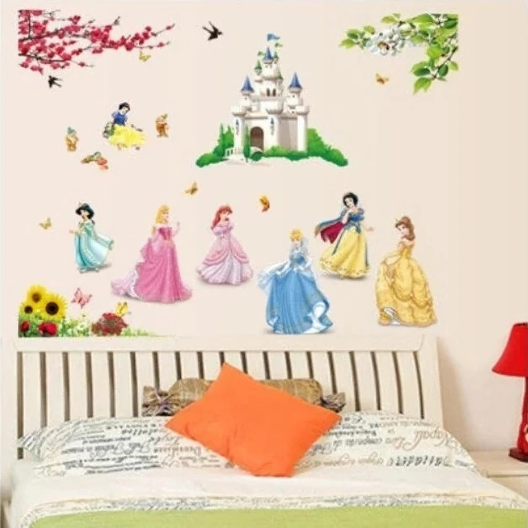 Decoratieve sticker met kasteel en prinsessen Grote sticker met Disney-kasteel en prinsessen voor muur