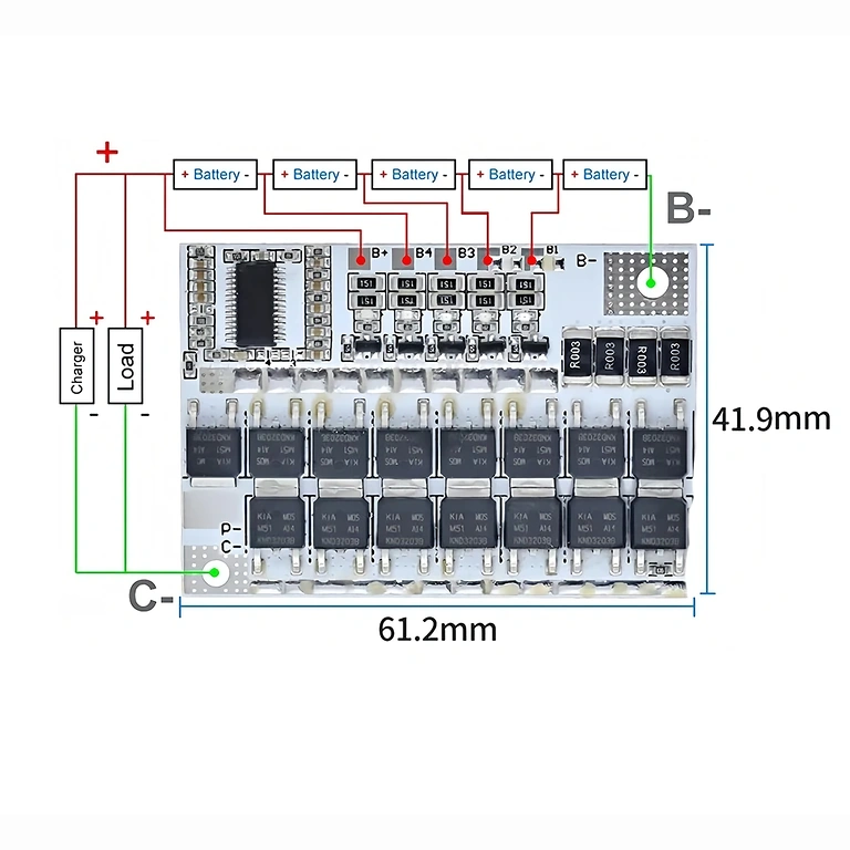 Montageschema BMS 5S 100A module Aansluitschema BMS 5S voor correcte configuratie van Li-Ion cellen