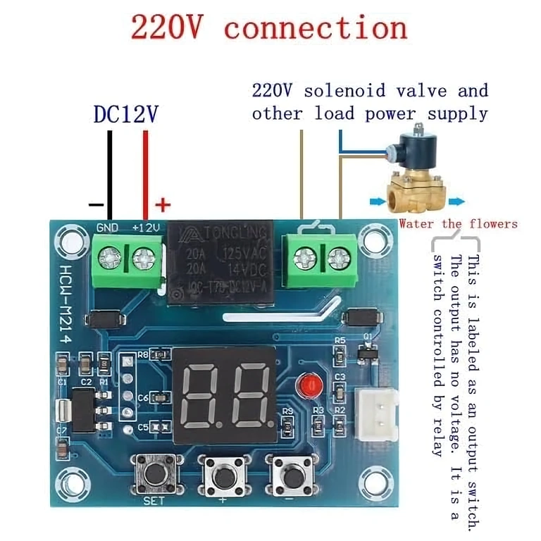 XH-M214 module aangesloten op 220V net voor het bedienen van elektromagnetische klep