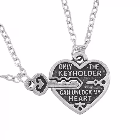 Hart en sleutel hangerketting – Set voor koppels en BFF, zilverkleurig