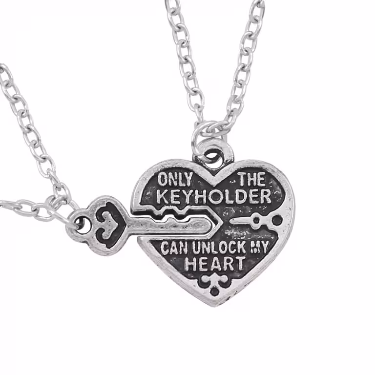 Hart en sleutel hangerketting – Set voor koppels en BFF, zilverkleurig