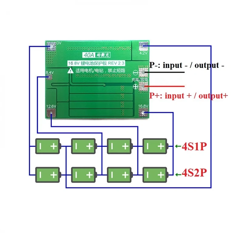 Elektrisch schema voor montage van BMS 4S 40A module voor Li-ion batterijen