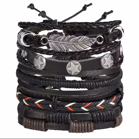 Set van 5 herenarmbanden van natuurlijk leer – Handgemaakt, verstelbaar, elegant, nieuwe luxe modellen