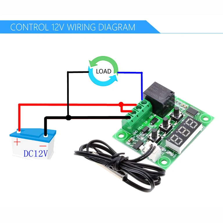 W1209 aansluiting op 12V DC Correcte aansluiting van digitale thermostaat W1209 op 12V voeding