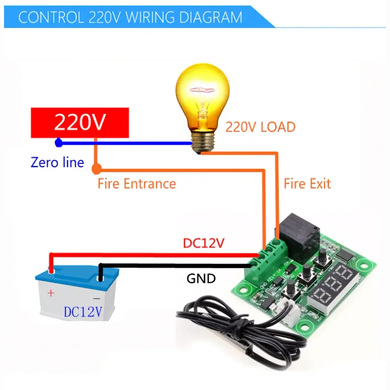 W1209 aansluiting op 220V AC Compleet schema voor aansluiting van W1209 thermostaat op 220V netspanning