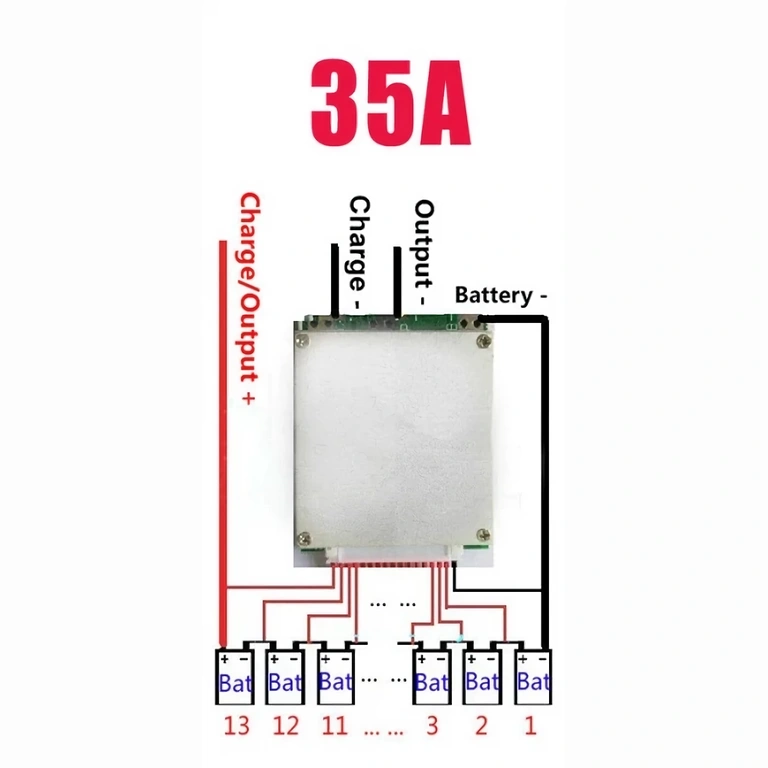 13S BMS aansluitdiagram Aansluitschema voor BMS 13S-module – correcte bedrading voor Li-Ion batterijen