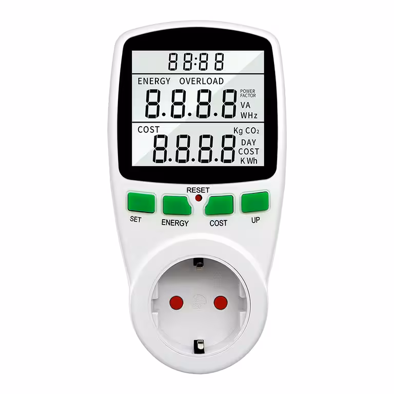 Professionele digitale wattmeter voor het meten van energieverbruik via stopcontact