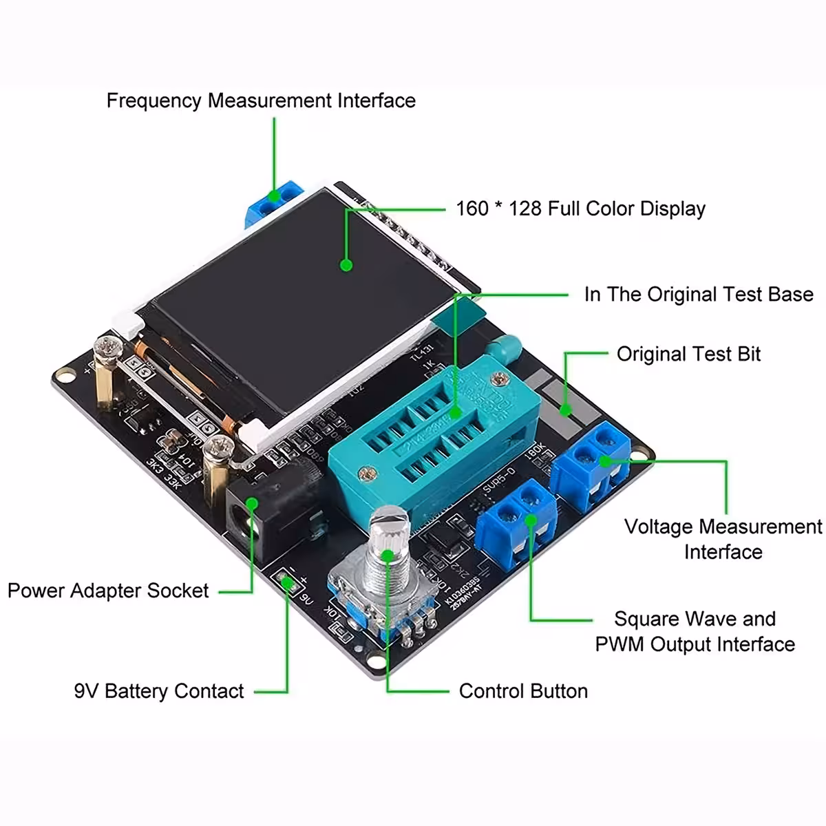 Multifunctionele tester voor transistors, diodes, FET en andere componenten