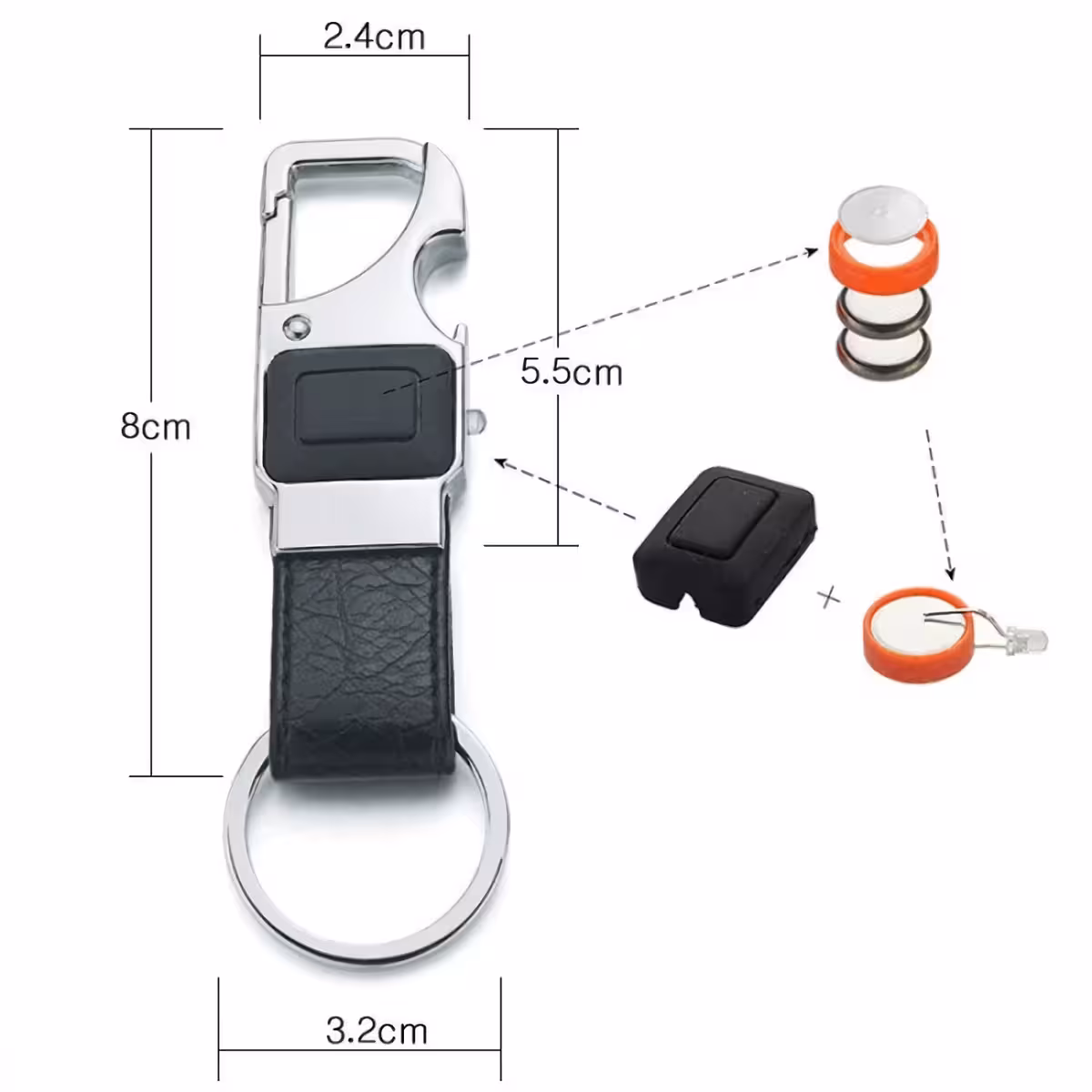 Sleutelhanger met meerdere functies: LED, karabijnhaak, opener