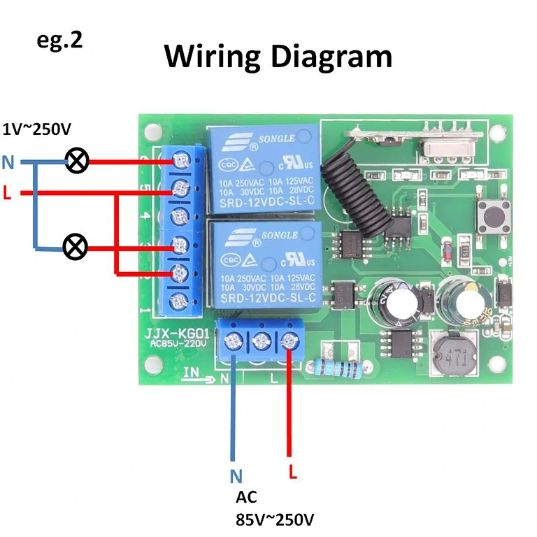 Dubbel relais met afstandsbediening 220V 433MHz draadloos relais met bediening via twee knoppen, compatibel met 220V
