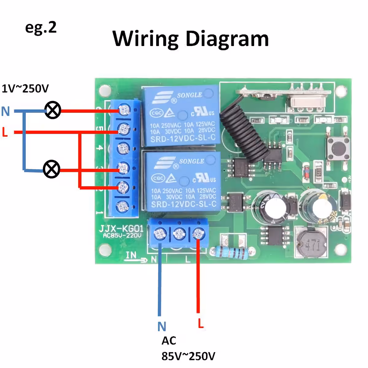 433MHz draadloos relais met bediening via twee knoppen, compatibel met 220V