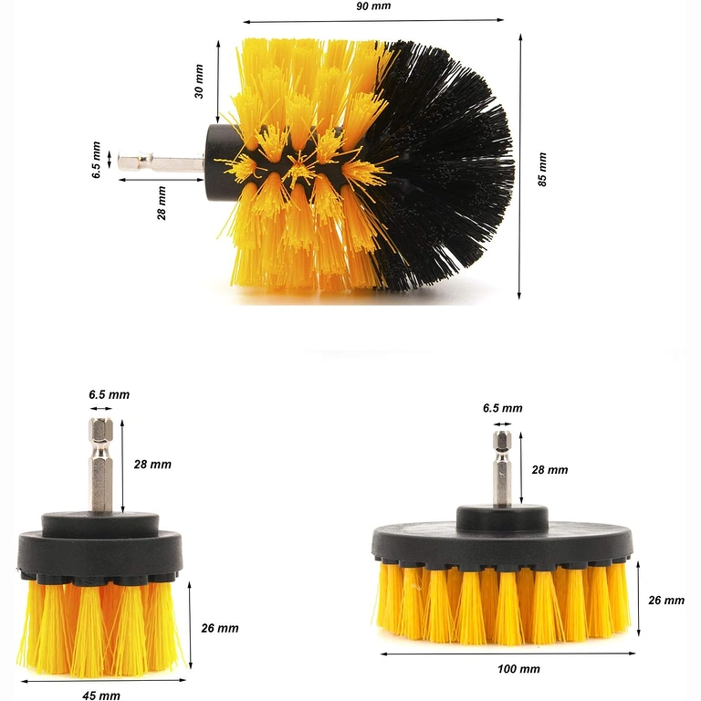 Afmetingen rotatieborstels voor boormachine Afbeelding van 3 borstels en afmetingen: 12cm, 8,5cm, 5cm