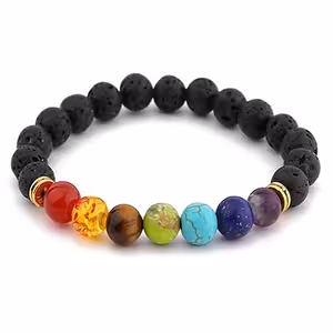 Natuurlijke vulkanische steen armband met 7 chakra’s – Agaat, Amethist, Amber, Lapis Lazuli, Tijgeroog