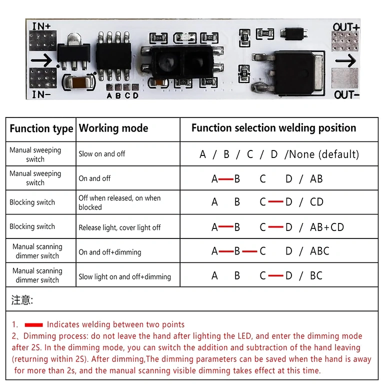 Voorbeeld van directe elektrische aansluitingen op 12V XK-GK-4010A sensorprint