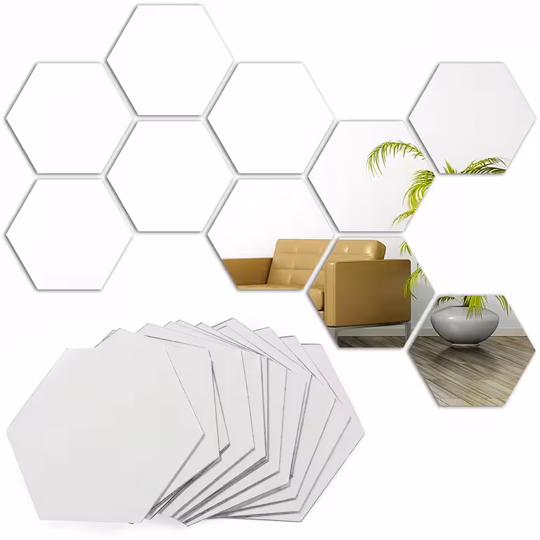 Set van decoratieve zeshoekige spiegelstickers – acryl spiegel voor muur, modern ontwerp