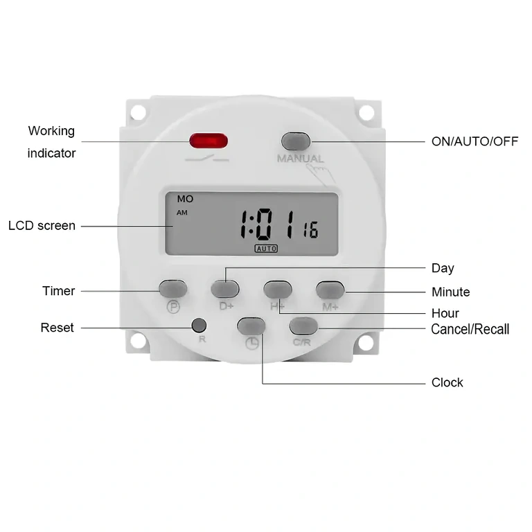 Programmeertimer met display voor 12V Elektronisch relais met meerdere ON/OFF functies, programmeerbare cyclus en hoge precisie