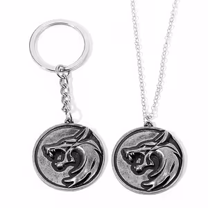The Witcher ketting en sleutelhanger – zilveren wolfkop medaillon, fan cadeau