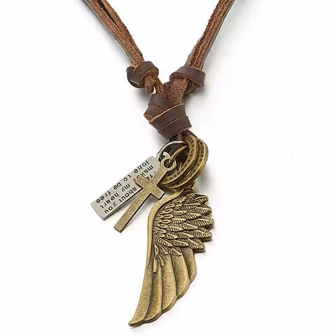 Leren ketting met engelenvleugel en kruis hanger voor mannen – verstelbare lengte 40–80 cm