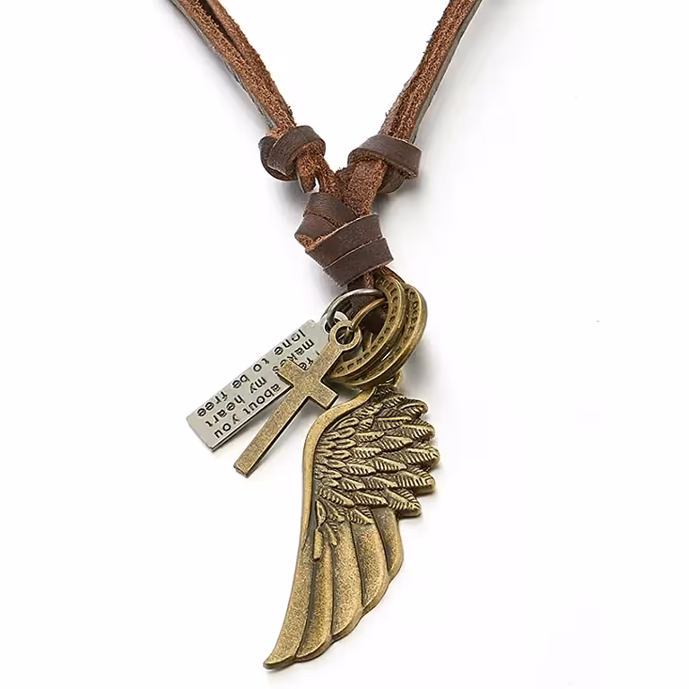 Leren ketting met engelenvleugel en kruis hanger voor mannen – verstelbare lengte 40–80 cm