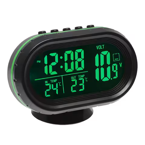 Auto klok met voltmeter en digitale thermometer – binnen/buiten, inclusief sensor, 12V/24V