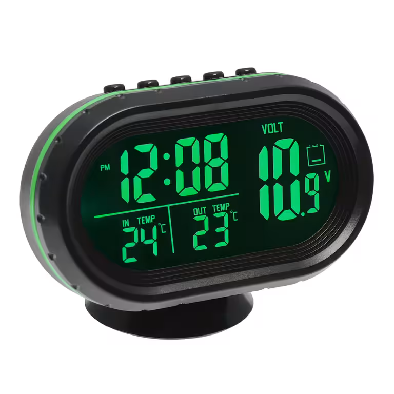 Auto klok met voltmeter en digitale thermometer – binnen/buiten, inclusief sensor, 12V/24V
