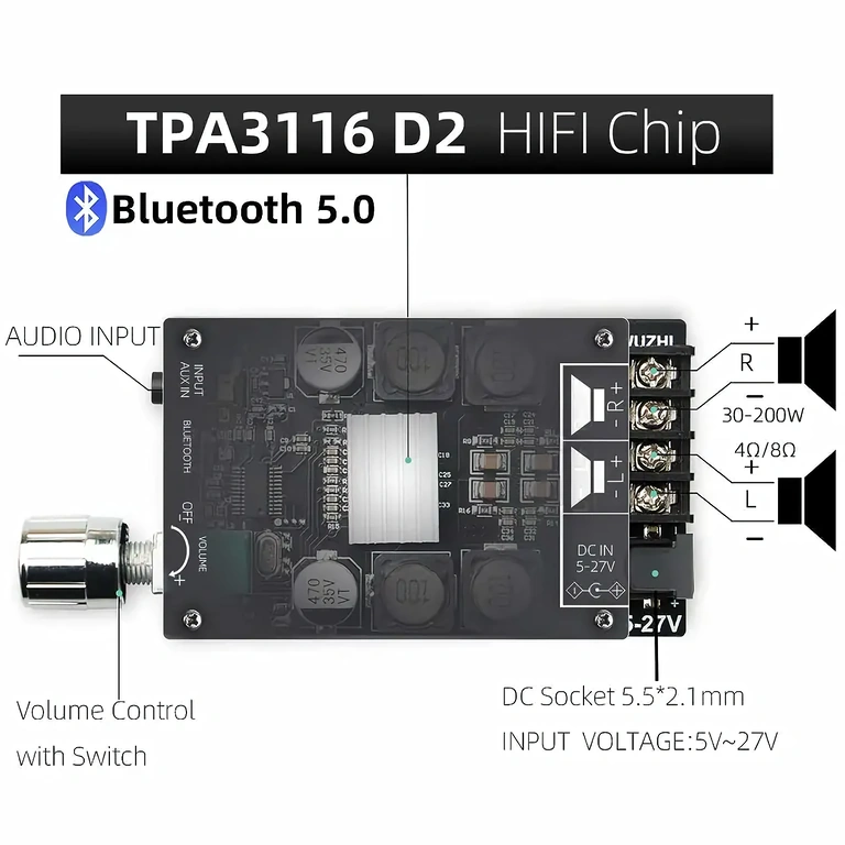 Bluetooth stereoversterkermodule met volumeregeling en 3,5mm jack