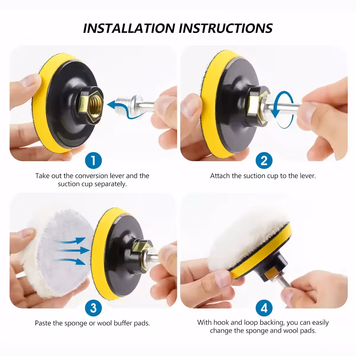 Afbeelding van correcte installatie van polish sponsen op boormachine met adapter