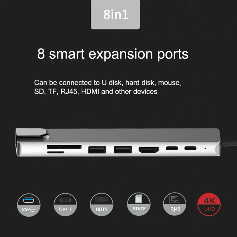 8-in-1 dockingstation met HDMI, RJ45, USB en kaartlezer