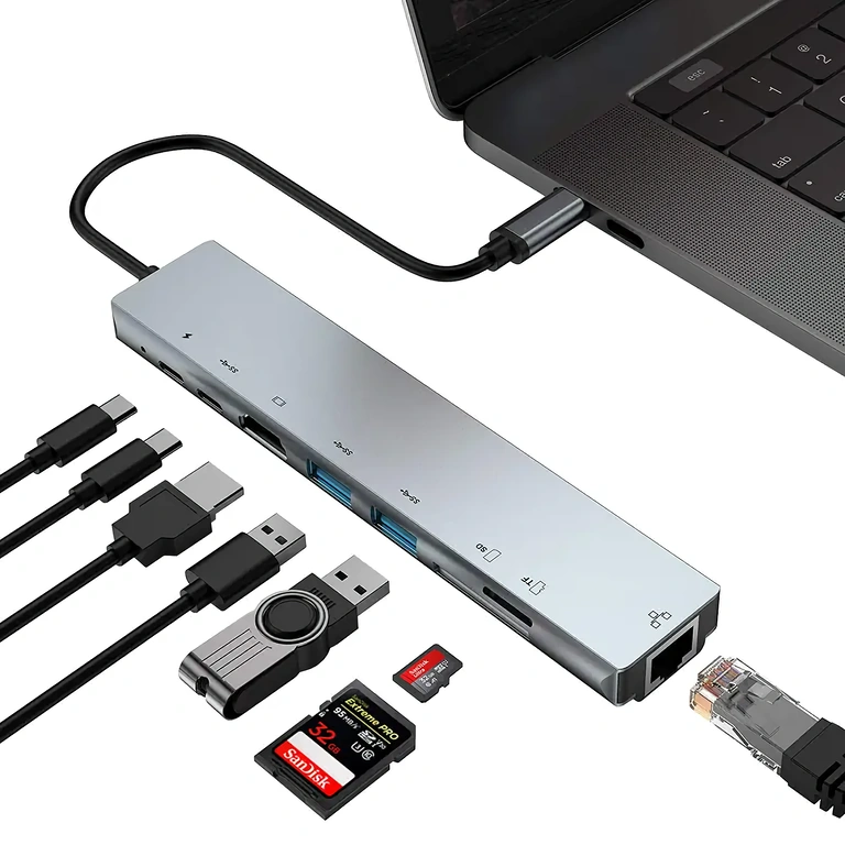 USB-C adapter met HDMI, RJ45, USB en kaartlezer voor laptops