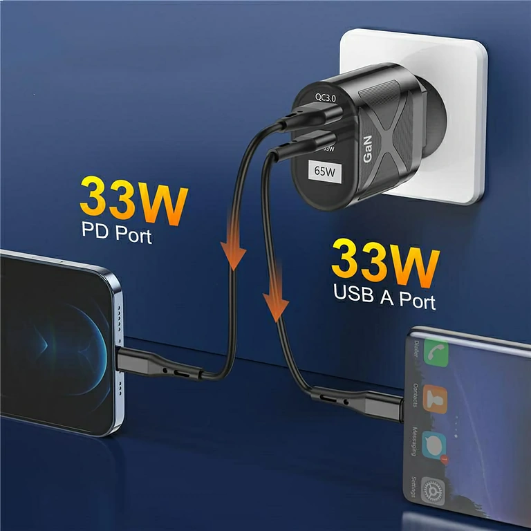 Compacte oplader met twee poorten Compacte GaN-oplader met USB-C en USB-A poorten, ideaal voor reizen