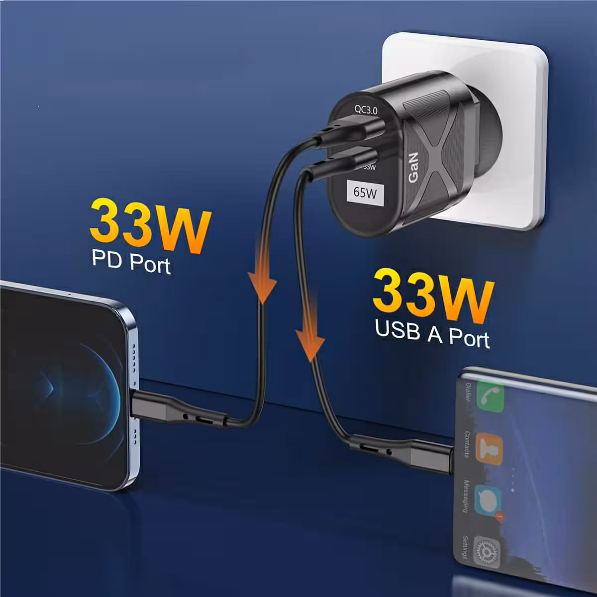 Compacte GaN-oplader met USB-C en USB-A poorten, ideaal voor reizen