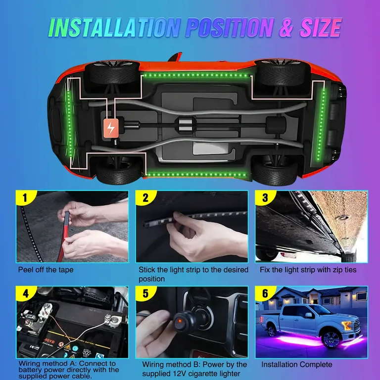 Montage van LED-strips onder de auto Installatieproces van LED-strips onder auto