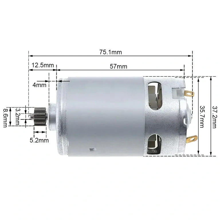 Afmetingen van DC RS-550 motor, inclusief diameter en lengte