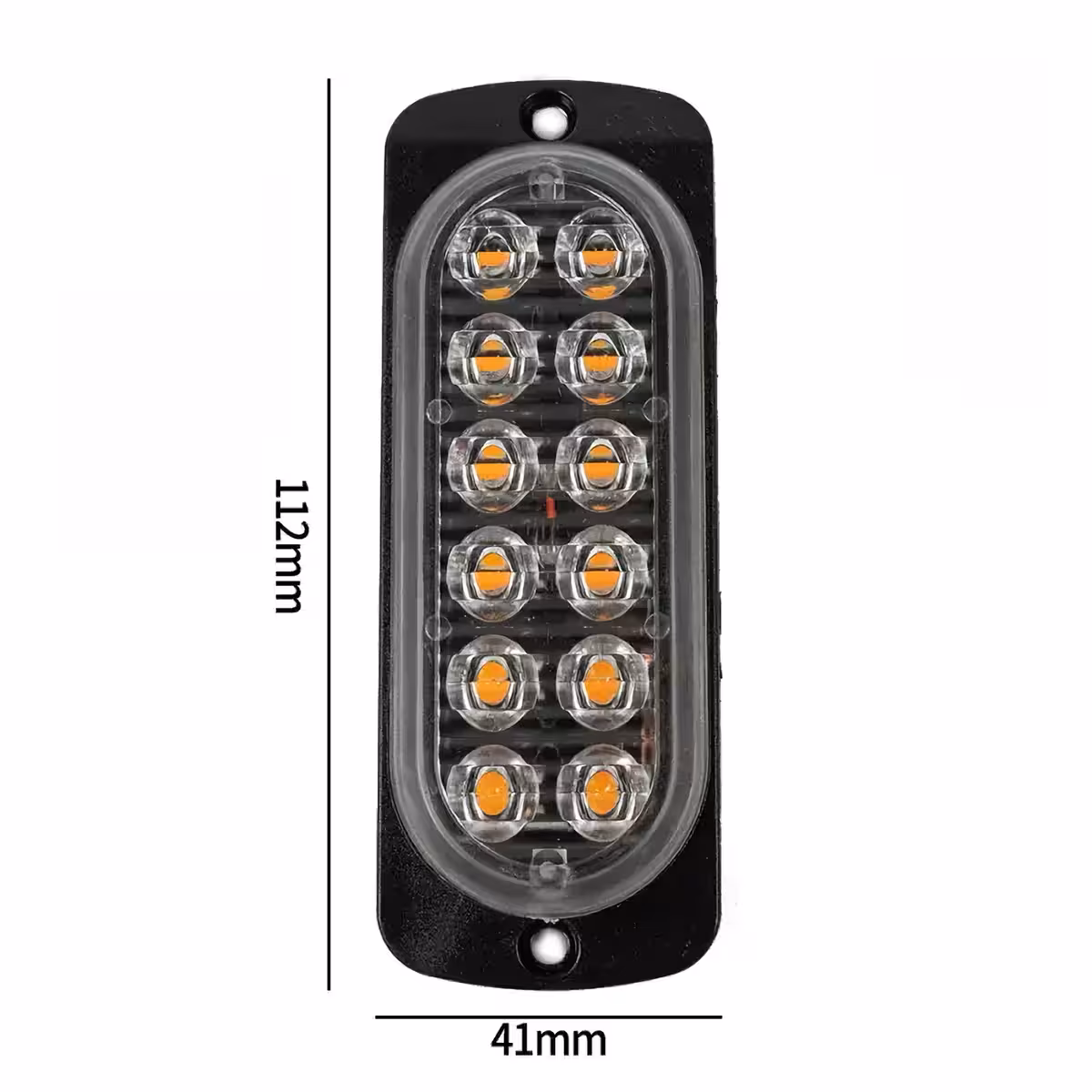 Afbeelding met afmetingen van de gele LED-stroboscoop, montage op bumper of grille, 112x41x10 mm