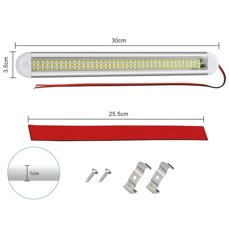 Afmetingen auto LED-lamp – 300x35x10 mm Afbeelding met gedetailleerde afmetingen van de auto-LED-lamp: lengte, breedte en dikte