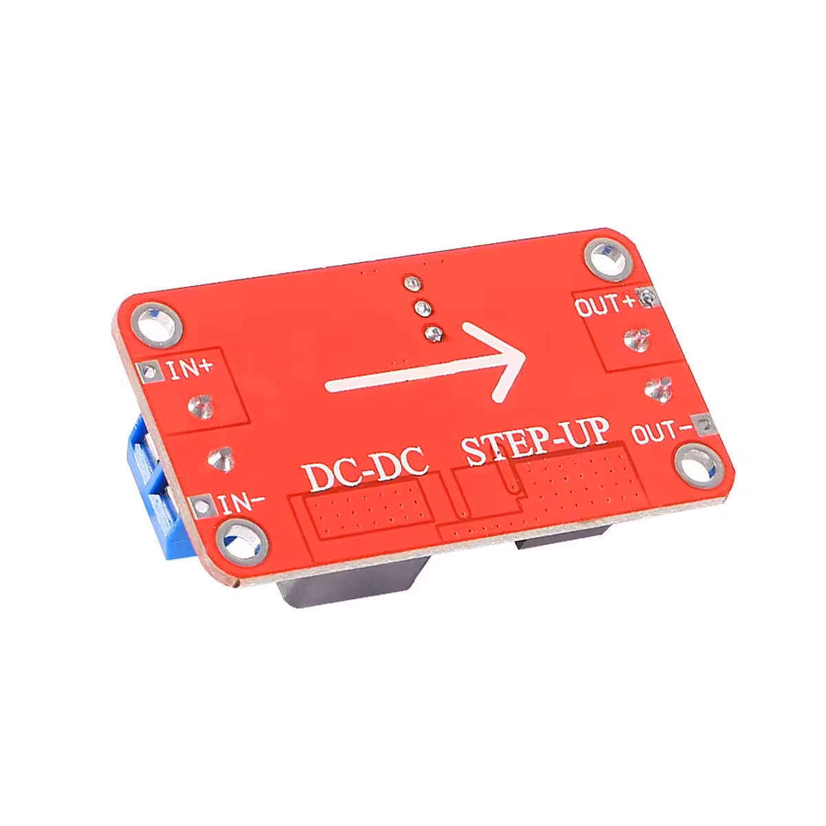 XL6019 DC-DC Boost Converter achterkant, in- en uitgang zichtbaar