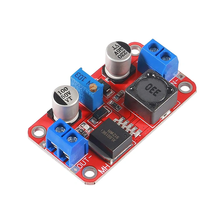 XL6019 DC-DC Boost Converter – zijaanzicht (hoek 2) XL6019 DC-DC Boost Converter zijaanzicht, alternatieve weergave van afmetingen en structuur