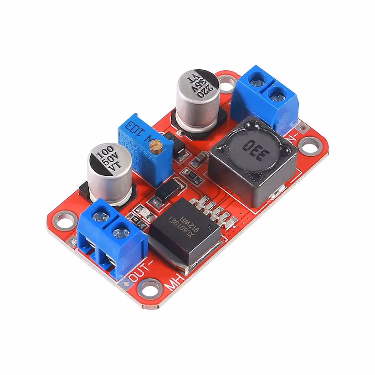 XL6019 DC-DC Boost Converter zijaanzicht, alternatieve weergave van afmetingen en structuur