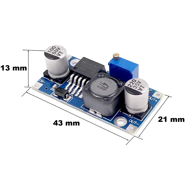 Afmetingen LM2596S 3A buck converter: 43mm lengte, 21mm breedte, 14mm hoogte