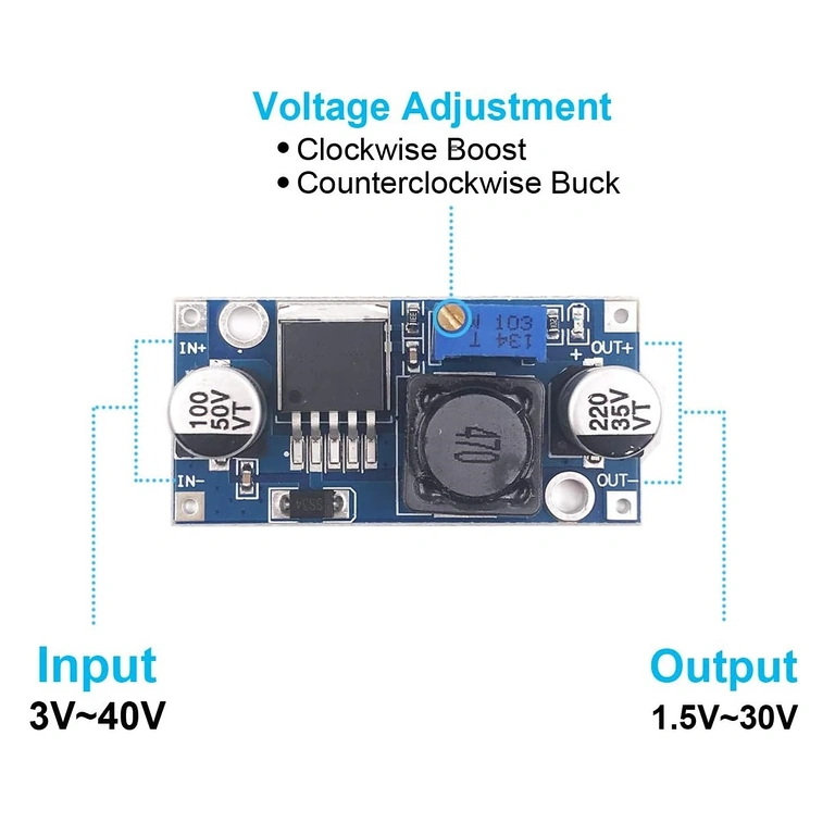 Aansluitschema LM2596S DC-DC step-down met spanningregeling 1,25–35V