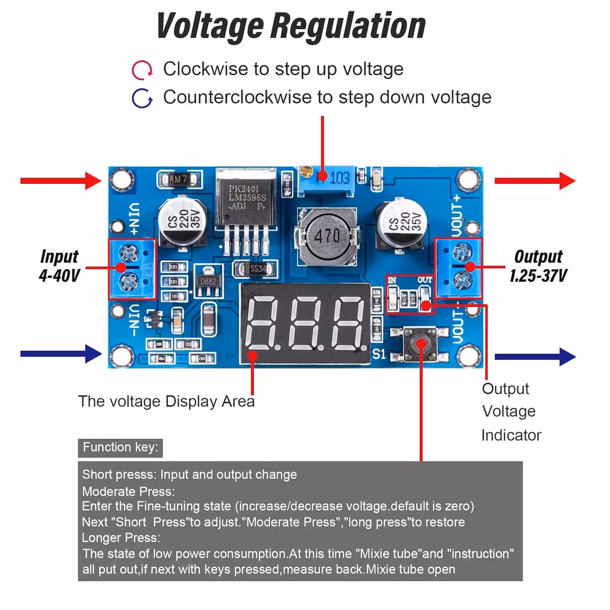 Voorbeeld van aansluiting bron en uitgang op LM2596-module