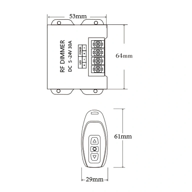 Afbeelding met exacte afmetingen van LED-strip dimmer 5V 12V 24V 30A
