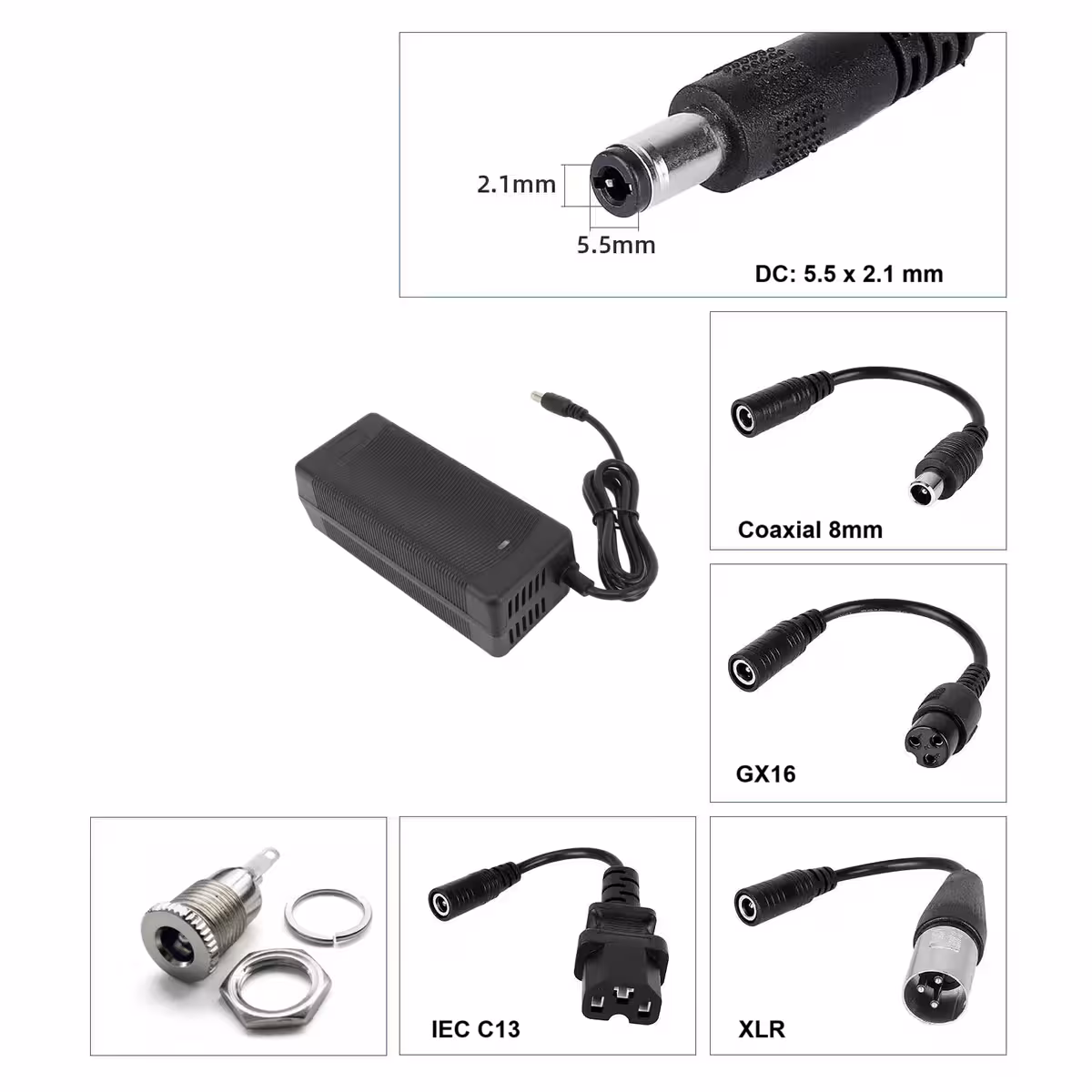 36V–42V 3A oplader met DC 5,5×2,1 mm connector, compatibel met steps en elektrische fietsen