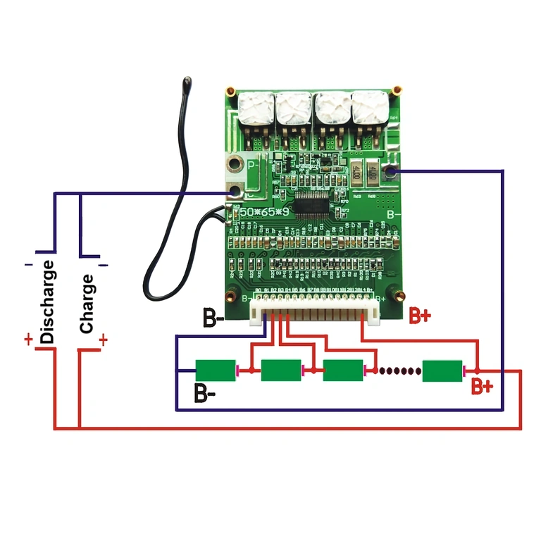 Elektrisch schema voor aansluiting van BMS 14S 52V op Li-Ion cellen