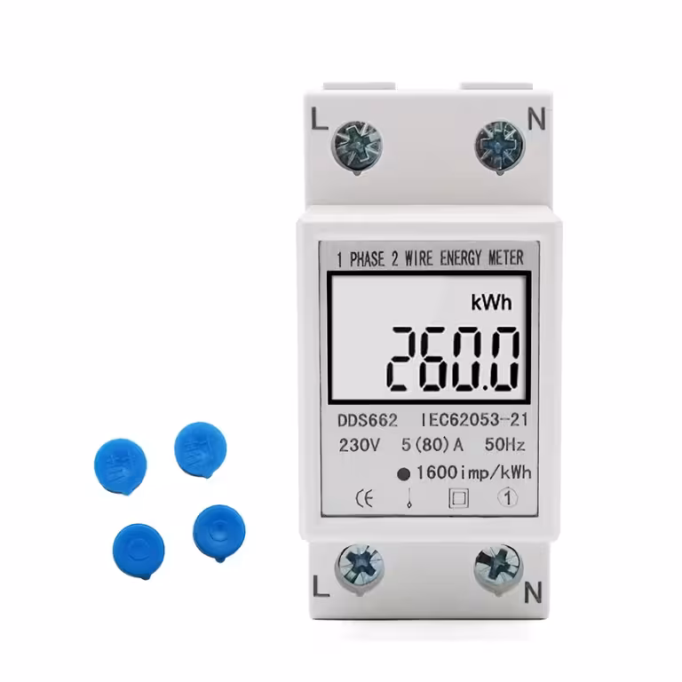 Energieverbruiksmeter enkel-fase doorvoer met digitaal display voor energiebewaking, montage op DIN-rail