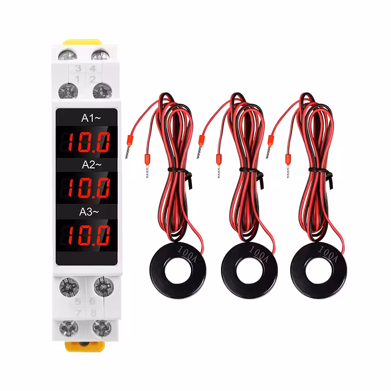 Driefasige Digitale Ampèremeter voor Schakelbord – Stroommeting 1-100A, DIN-rail montage