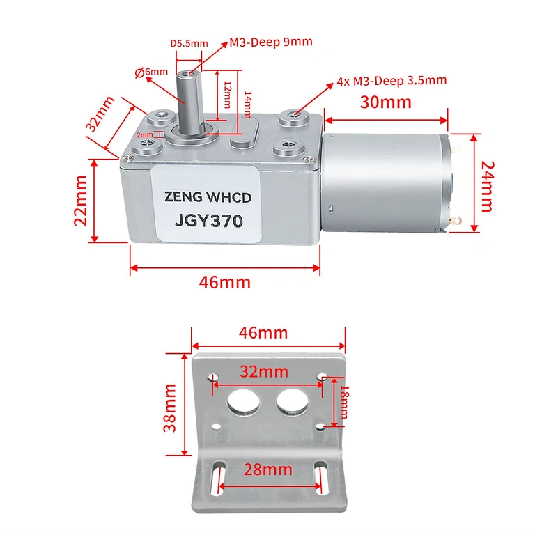 Zijaanzicht GY-370 motor, met metalen behuizing en D-as